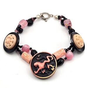 Handmade Pink Griffin Button Beaded Bracelet Black Pink Glass Toggle Clasp 7 In